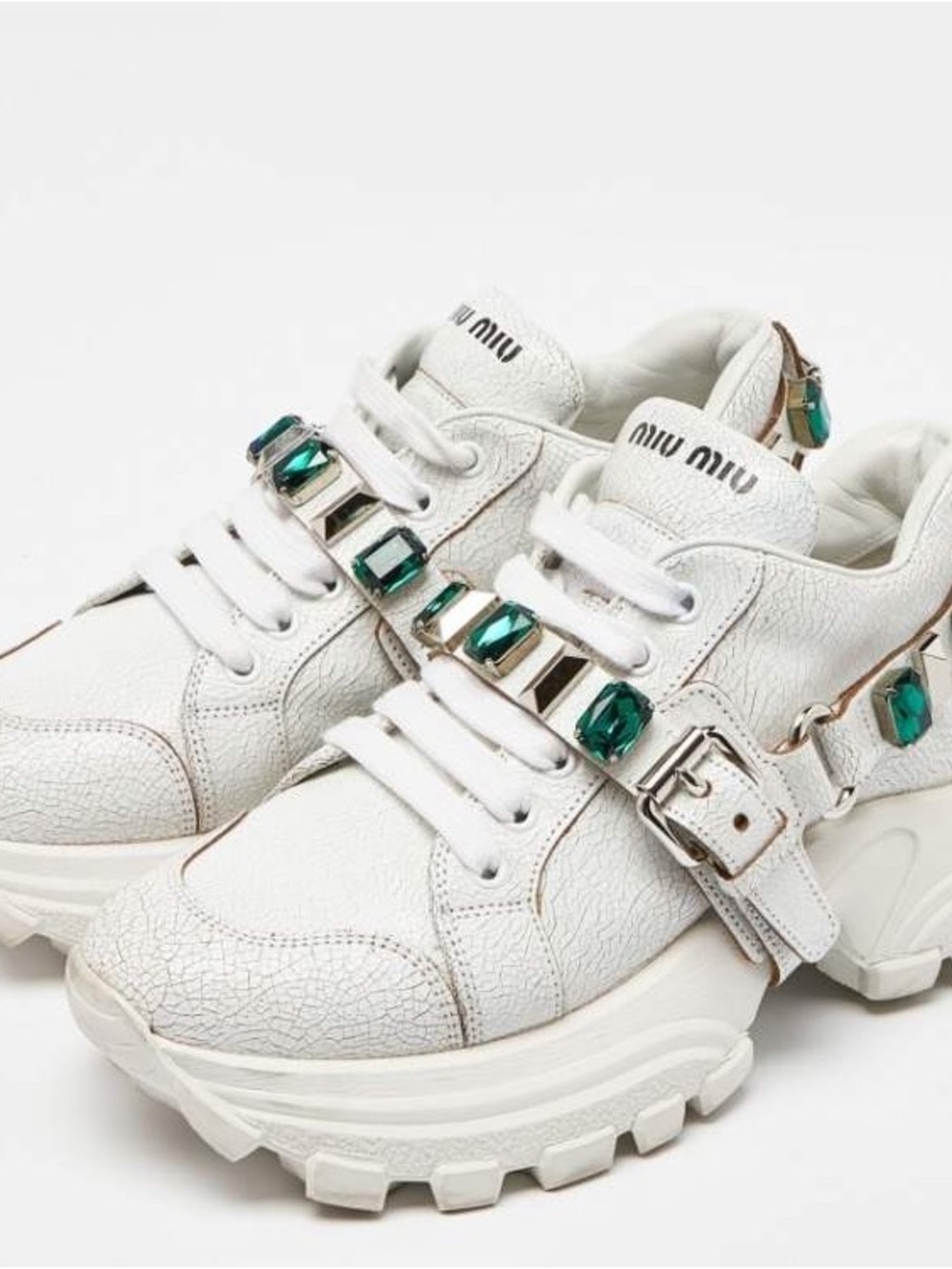 Miu Miu Monstar Crystal-Embellished Crackled Leather Sneakers